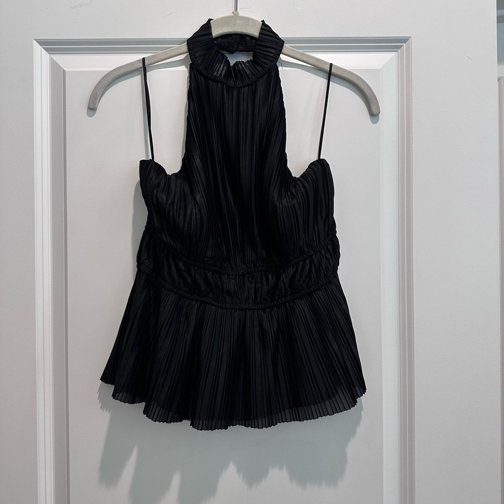 Sophisticated Black Pleated Halter Blouse